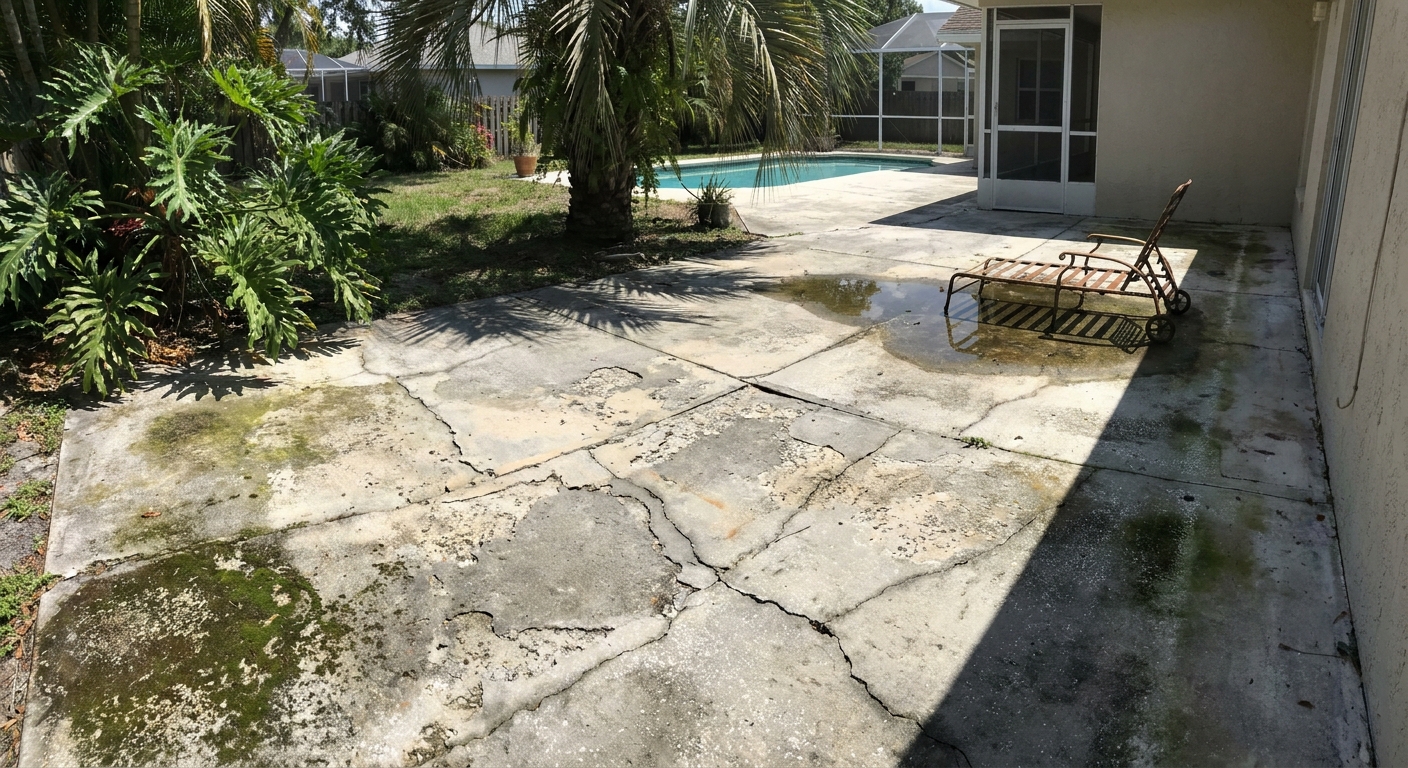 Concrete patio in Orlando showing signs of wear from weather, moisture, and lack of maintenance