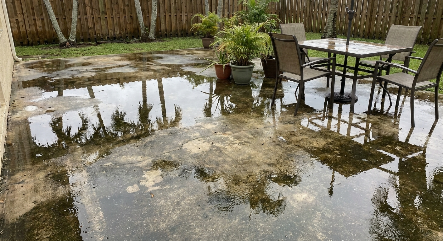 Concrete patio in Orlando holding water after rainstorm