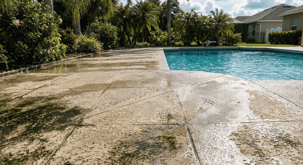 Slippery pool deck in Orlando due to algae and moisture buildup