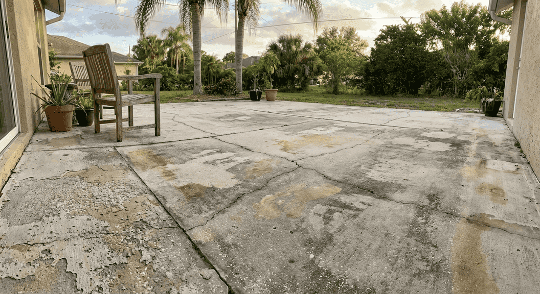 Concrete patio in Orlando showing signs of wear and tear such as cracks and discoloration